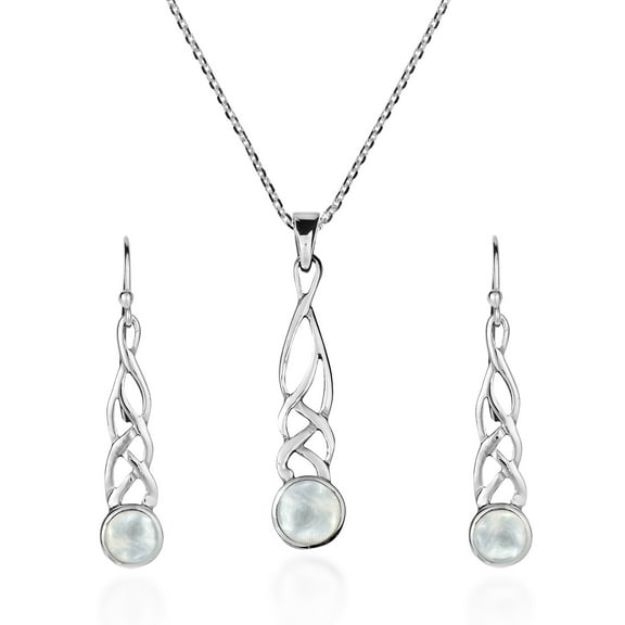 Celtic Weave White Mother of Pearl Drop Sterling Silver Necklace Earrings Set