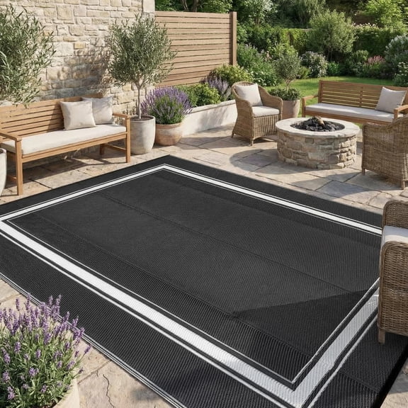 Black&White Waterproof Outdoor Rug 9x12 Reversible Plastic Straw Rug Modern Patio Carpet, Foldable Lightweight RV Camping Mat with Portable Bag & 4 Stakes, UV Resistant & Sturdy for Picnic