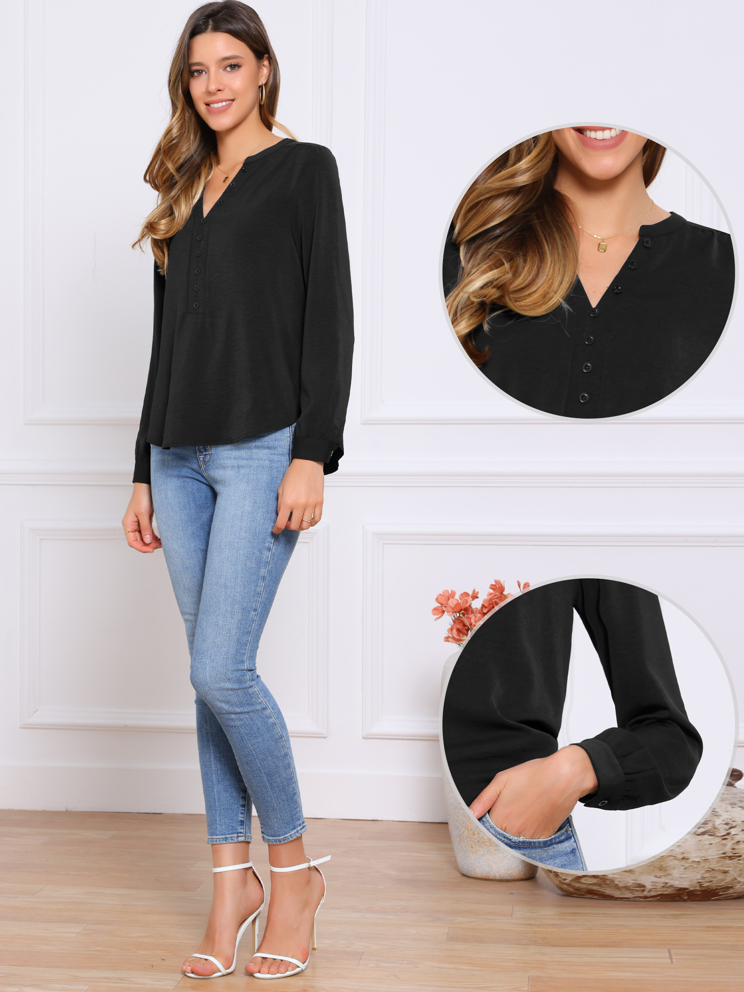 DARING DIVA Women's Long Sleeve Formal Button Front V Neck Work Top M Black