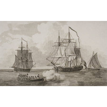 British Men Of War From Left Fire Brig Flat Bottomed Boat Gun Vessel Man Of War Long Boat From A Print Dated 1820 Engraved By Milton