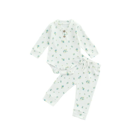 

Calsunbaby Infant Girls Long Sleeve Romper 2Pcs Set Flower Pattern Waffle Jumpsuit Elastic Waist Drawstring Pants Kids Clothing
