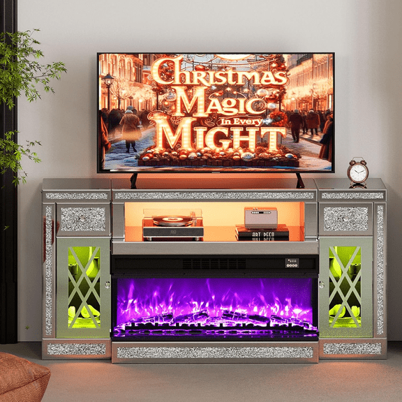 Mirrored Fireplace TV Stand for 65  inch TV, Mirrored TV Stand with LED Light, Silver Electric Fireplace with Crushed Diamond for Living Room