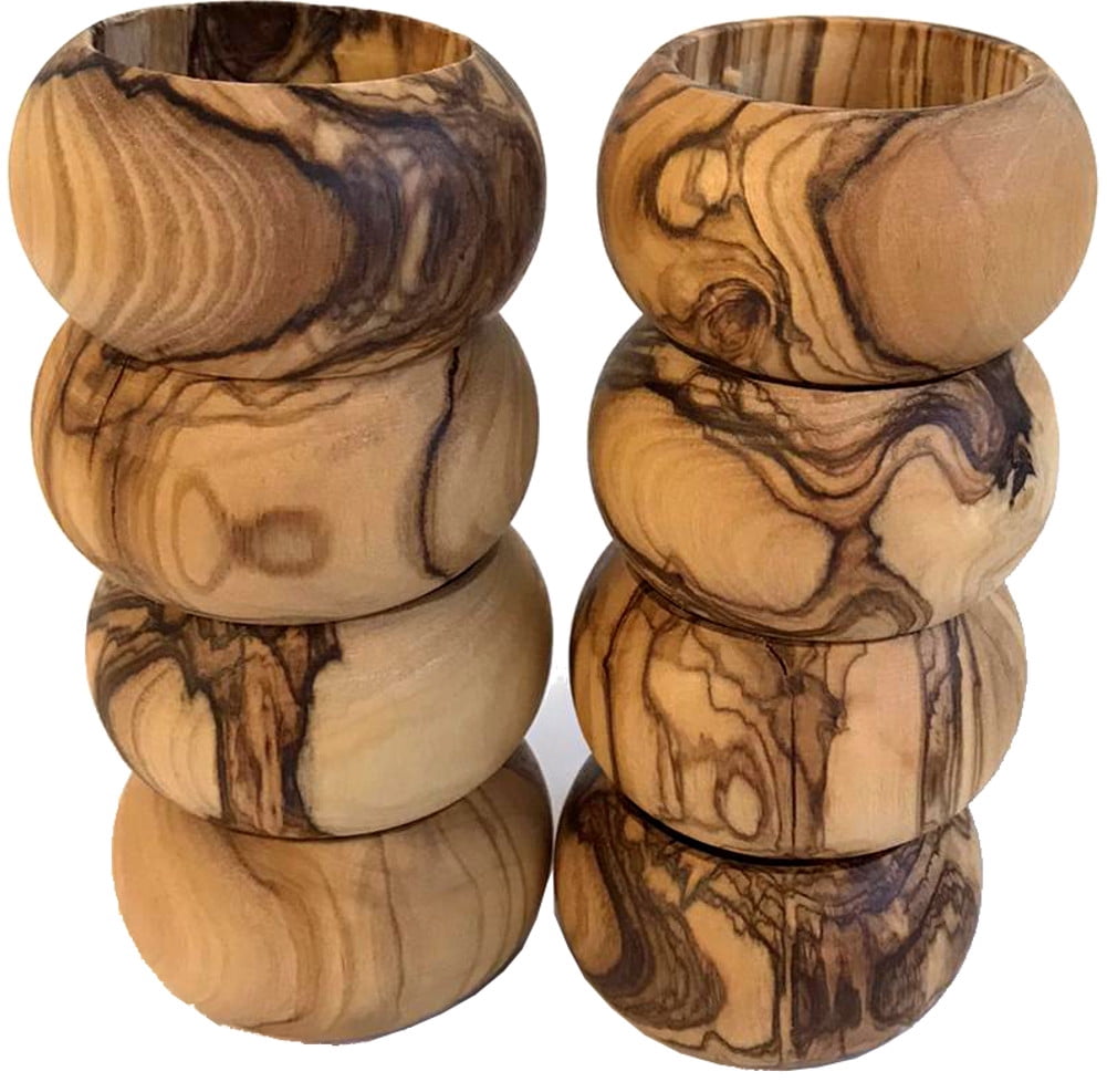 Holy Land Market Olive Wood Napkin Rings - Handmade In Bethlehem, Set Of 8, Olive Leaves Design