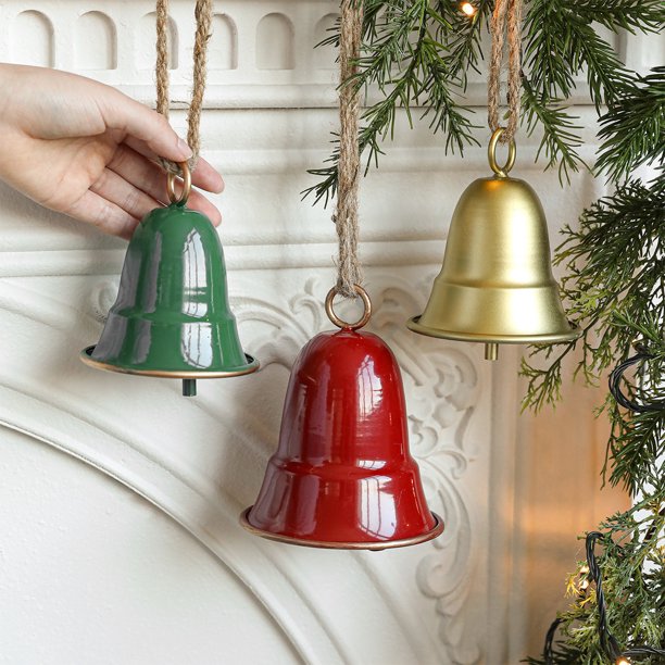 Campanas de Navidad Adornos para árbol Adornos de hierro para colgar | Colgante metálico rojo verde dorado 4,5 pulgadas | Decoración navideña | Duradero, versátil, fácil de colgar para casa