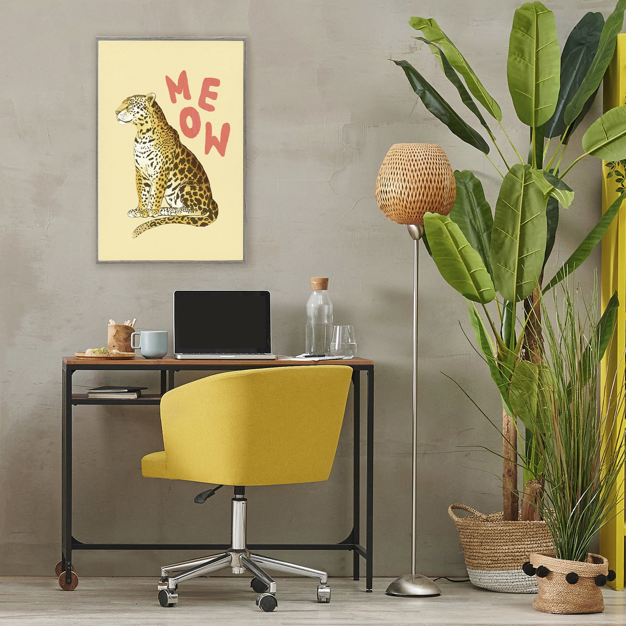 Stupell Industries Meow Leopard on Yellow Gray Framed Giclee Art, design by Florentina Dolci