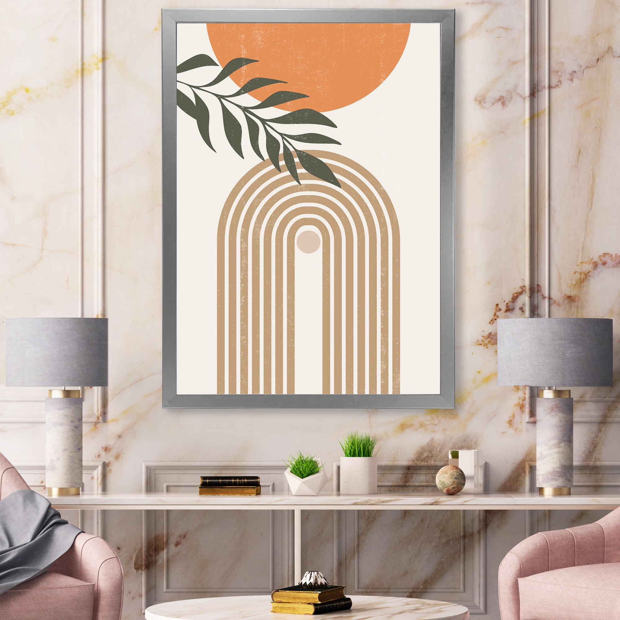 Designart 'Abstract Moon Sun Leaves I' Modern Framed Art Print