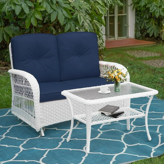 MEETWARM Outdoor Wicker Patio Glider Set, Loveseat for 2 Person Porch Furniture Glider with Glass-Top Coffee Table, Patio Glider Rocking Bench with Thickened Cushions, White Wicker/Navy