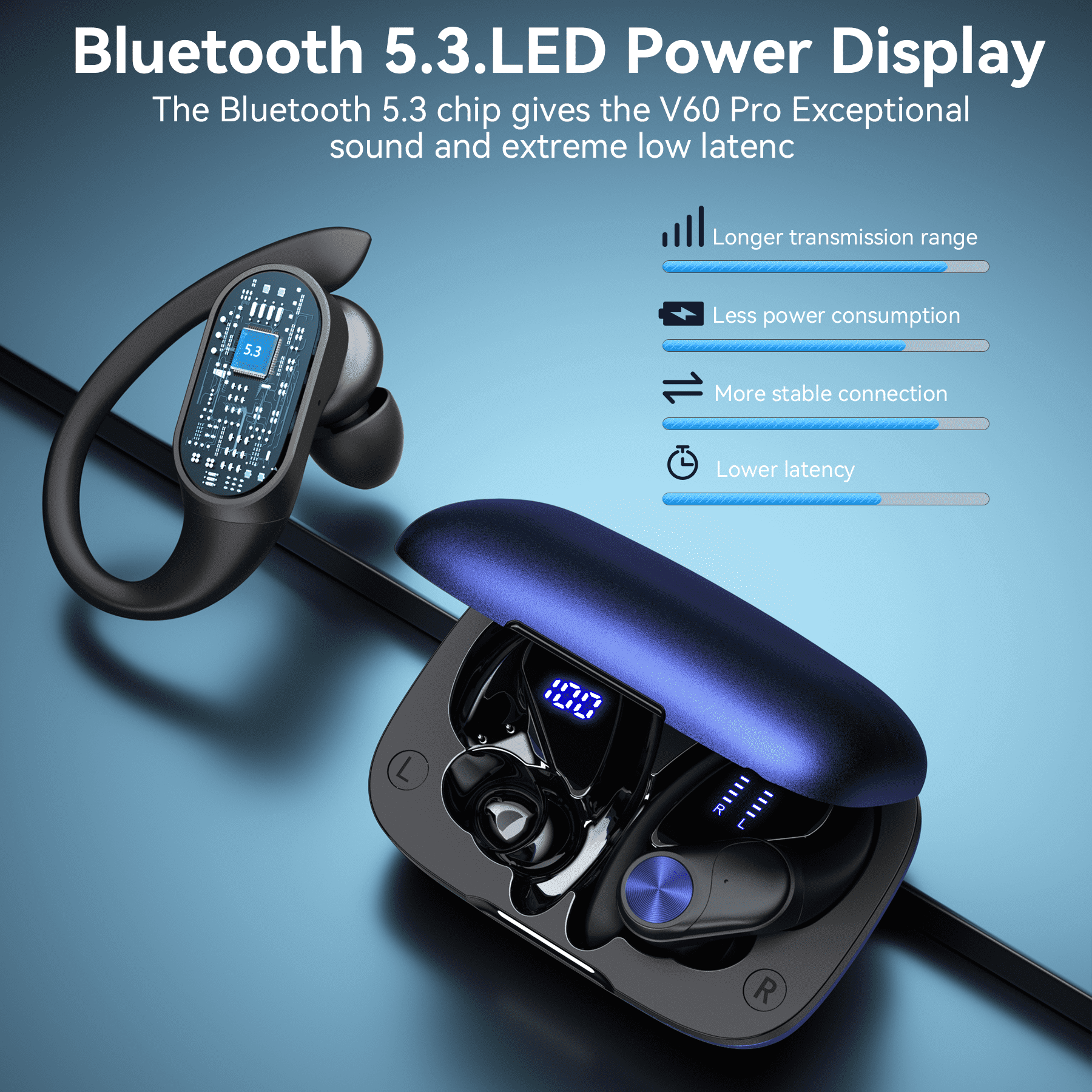 VEATOOL Bluetooth Headphones Wireless Earbuds 80Hrs Playback Sport Ear Buds with Earhook Digital Display Charging Case IPX6 Waterproof Deep Bass Running Earphones for iOS Android Cellphone