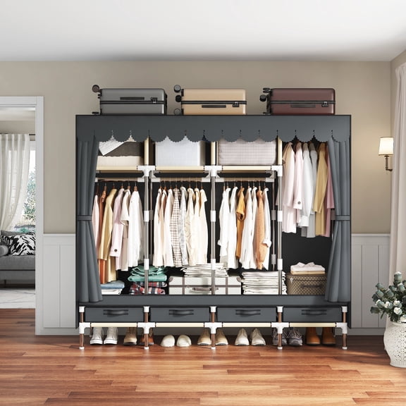 67 Inch Closet Organizer with 4 Hanging Rods & 4 Drawers, Portable Closet Organizer and Storage, Clothing Rack Shelf Wardrobe Cabinet, Tool-Free Assembly, Grey & Brown