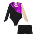 thumbnail image 6 of iixpin Kids Girls Shiny Rhinestone Ballet Dance Gymnastics Leotard Long Sleeve Bodysuit with Shorts Set Tank Unitard Purple&Black 10, 6 of 7