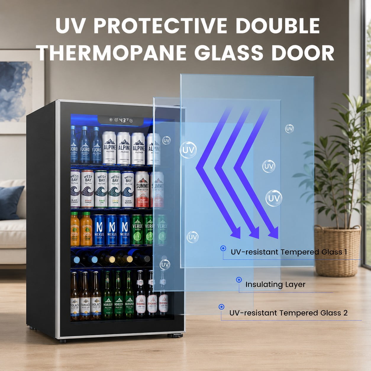 Auseo 126 Can Beverage Refrigerator and Cooler with Glass Door for Home/Office/Bar,19.29 in D, 30.79 in H,Black
