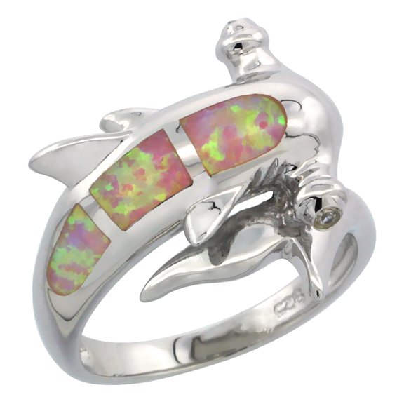 925 Sterling Silver Inlay Synthetic Pink Opal Hammerhead Shark Ring 19mm
