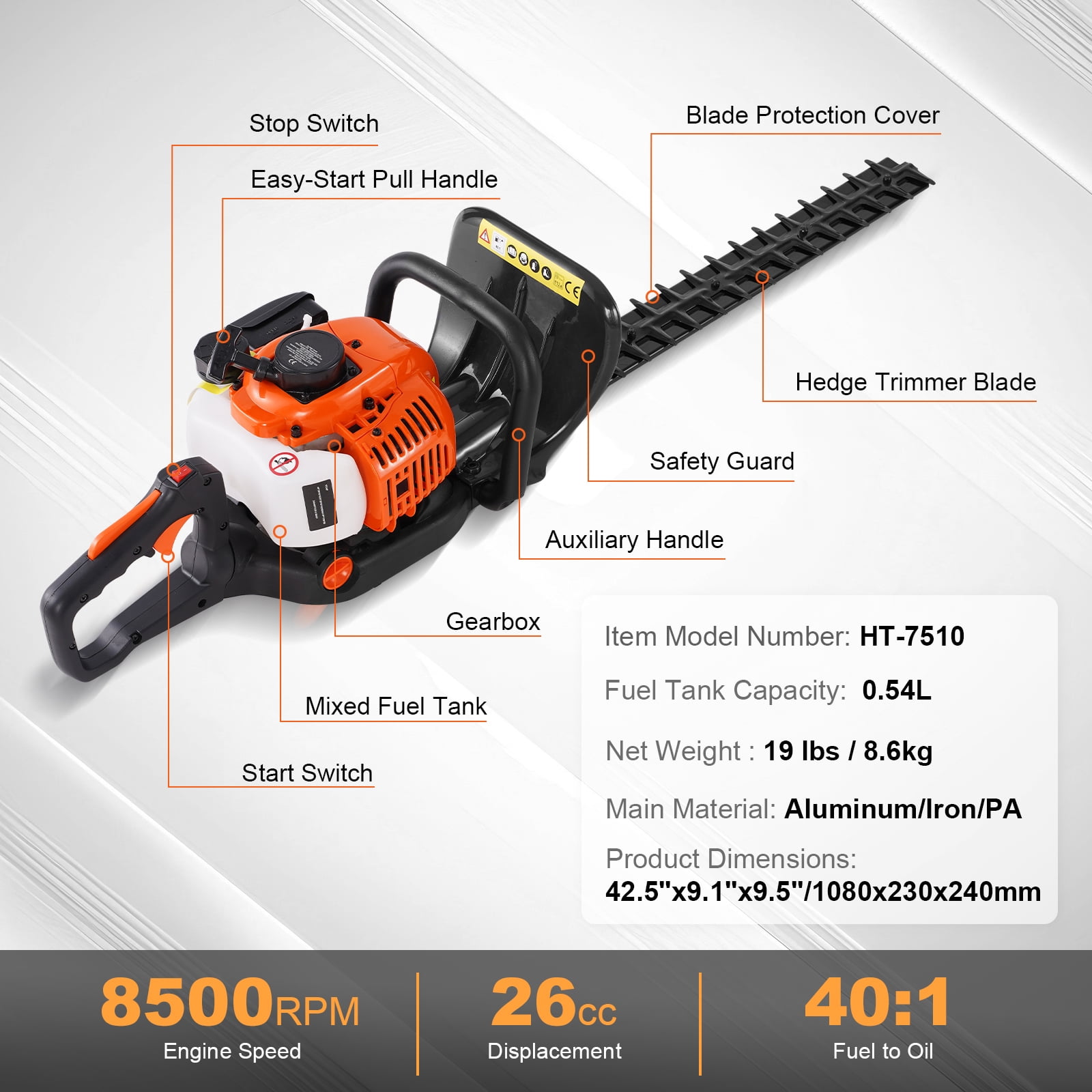 KFFKFF 26CC 2 Cycle Gas Hedge Trimmer, 24in Double Sided Blade, 180° Adjustable Head, 8500RPM Engine, Ideal for Shaping Shrubs and Low Bushes