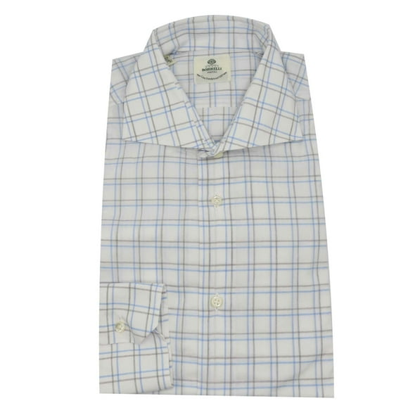 Borrelli Men's Sky / Tan Windowpane Dress Shirt - L