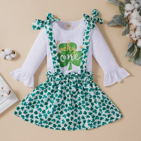 

Leutsin Newborn Baby Girl St. Patrick s Day Clovers Tops+Bowknot Suspender Skirt Set