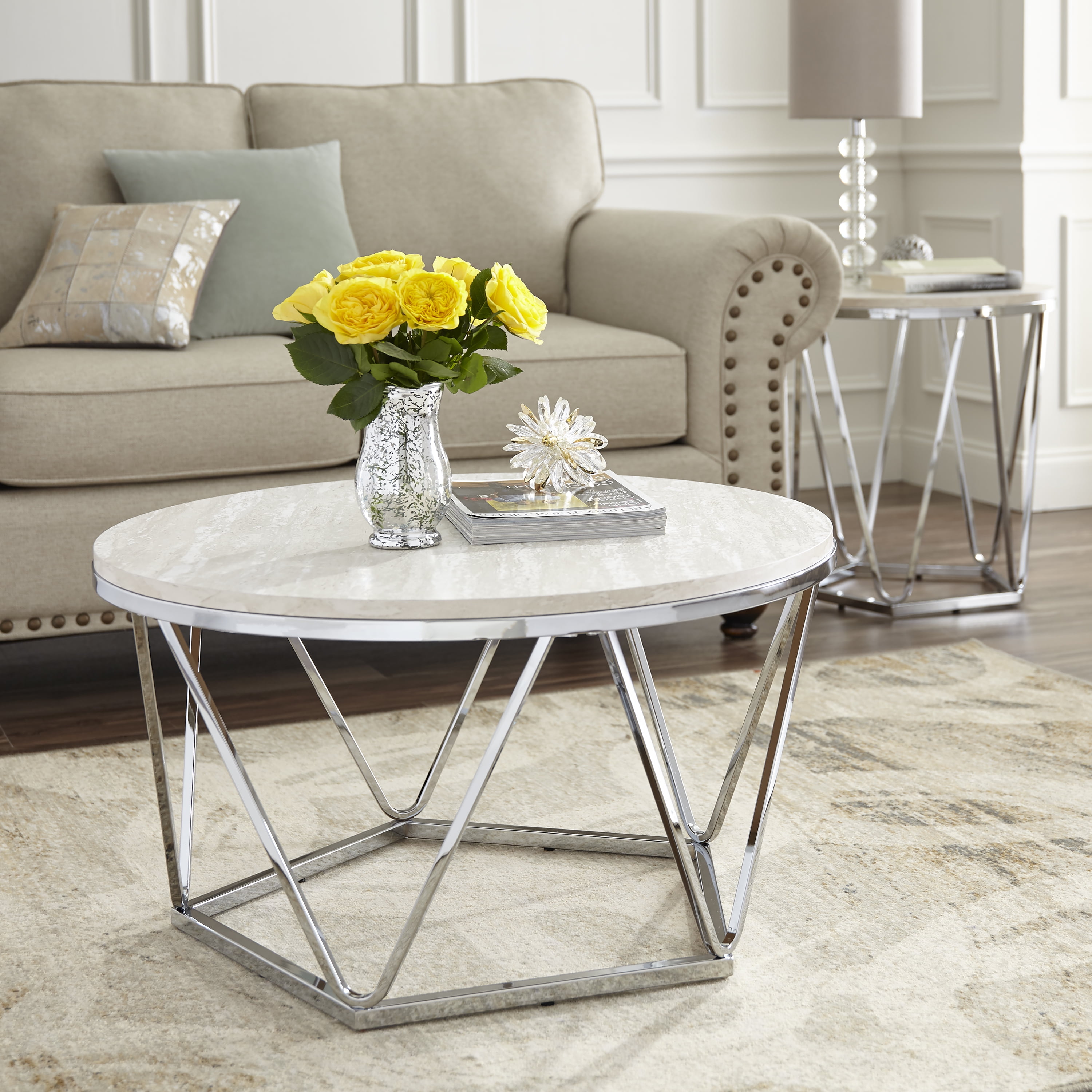 Leaci Modern Faux Stone Round Coffee Table, Chrome - Walmart.com