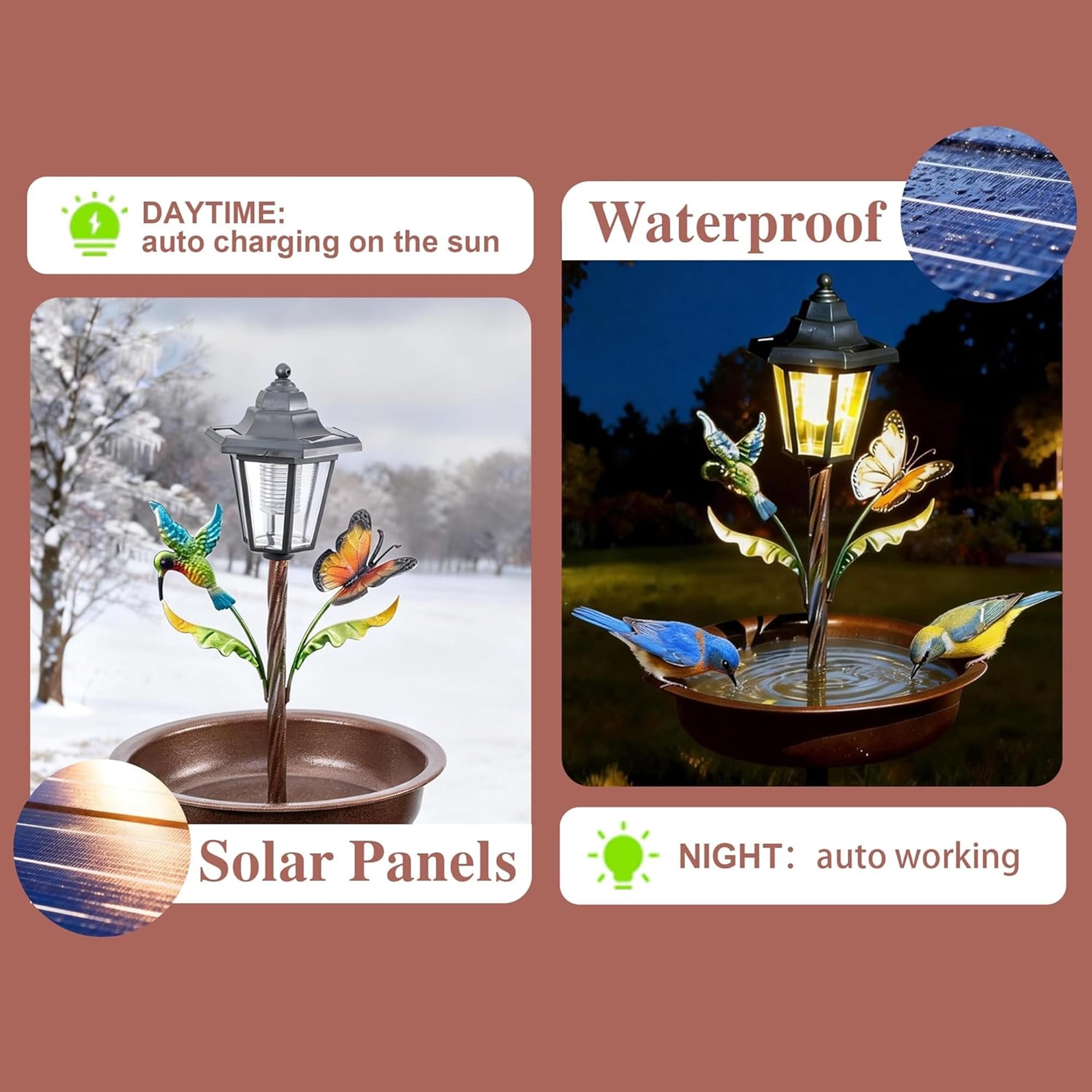 COCOBELA Bird Bath for Outside, 42In Vintage Freestanding Birdbaths with Solar Light for Outdoors, Double Metal Bird Bath Feeder Bowls for Garden Patio Yard Lawn Decor