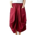 thumbnail image 2 of Maxi Dresses LEBONYARD High-waisted Midi Skirt for Women,Women's Elastic Waist Solid Cotton and Linen Skirt Loose Large Lantern Skirt Wine Free Size, 2 of 8