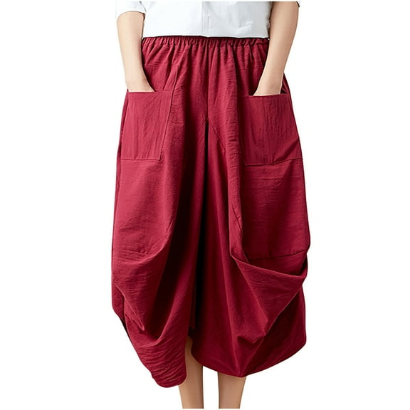 Women's Linen Boho Hippie Skirt with Pockets Long Length Bohemian Organic Cotton Gypsy Loose Yoga Midi Skirts (One Size, Wine)