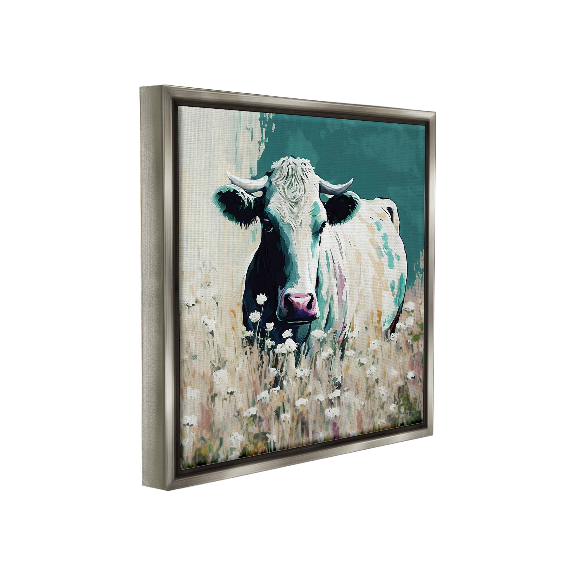 Stupell Industries Modern Cow in Meadow Animals & Insects Painting Gray Floater Framed Canvas Art Print Wall Art, 25 x 25