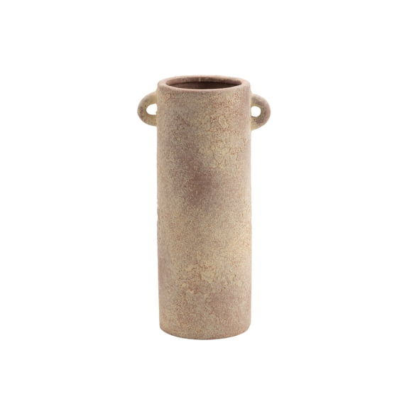 DecMode 9" Antique Style Textured Beige Ceramic Vase with Handles