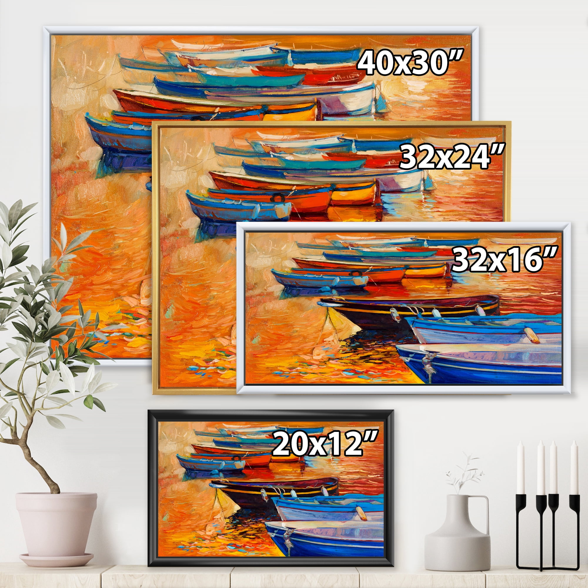 Designart 'Boats During Warm Colourd Sunset In The Harbor I' Nautical & Coastal Framed Canvas Wall Art Print
