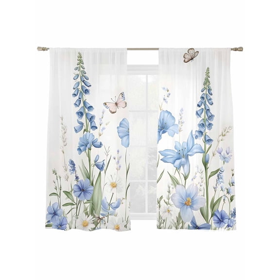 Blue Floral Sheer Curtains 2 Panels Set Spring Bluebells Wildflowers Butterfly Botanical Sheer Window Curtains Light Filtering Rod Pocket Voile Drapes for Bedroom Living Room 52"x63"