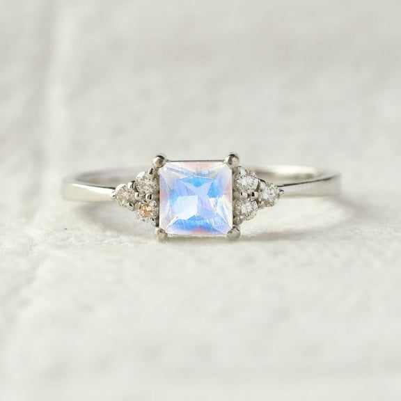 925 Starling Silver Ring, Princess Moonstone & Trio Diamand Ring, Natural Gemstone Ring, Stackable Ring, Proposal Ring, Minimalist Ring, Birthstone Ring