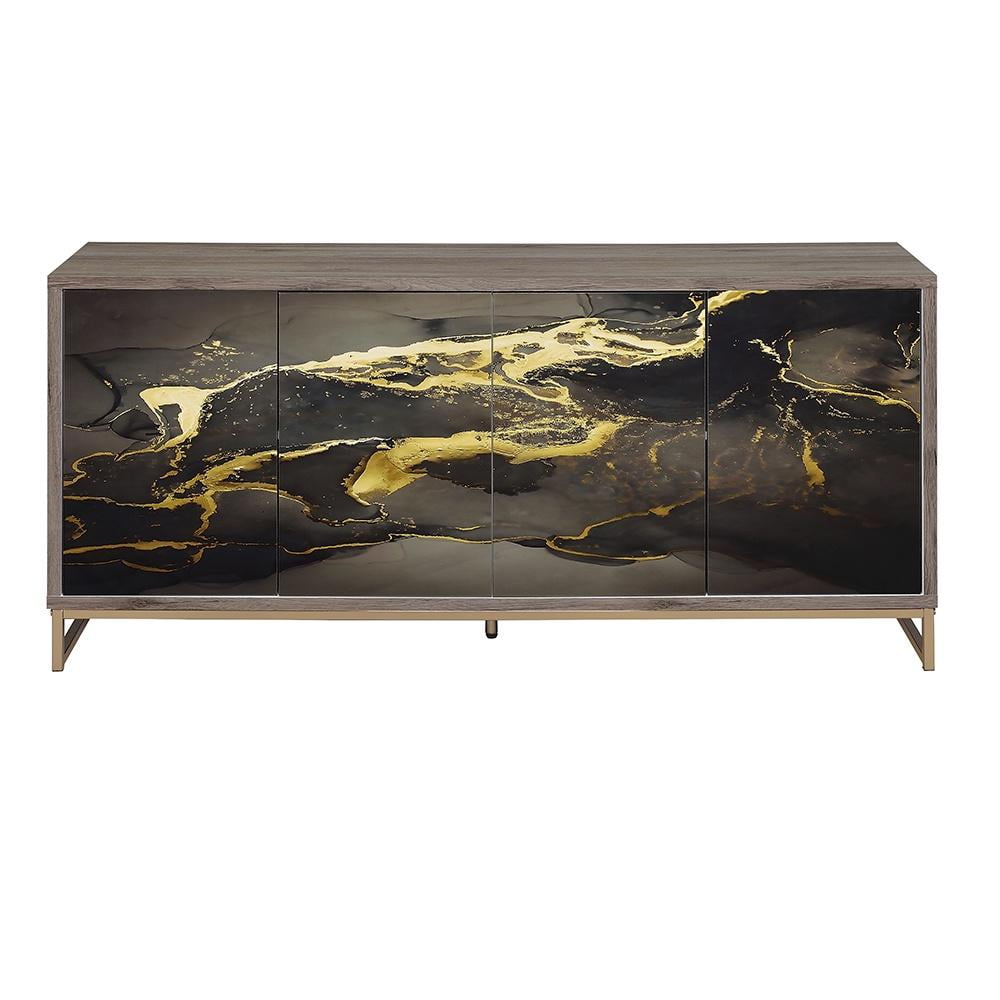 ACME Payo Wood/Metal Console Cabinet in Black Marble Paint/Oak & Champagne