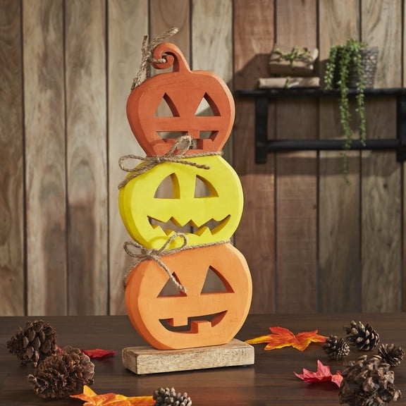 Tropical Wood Jack O' Lantern Stack Wood Decor 16.75x7x2.25