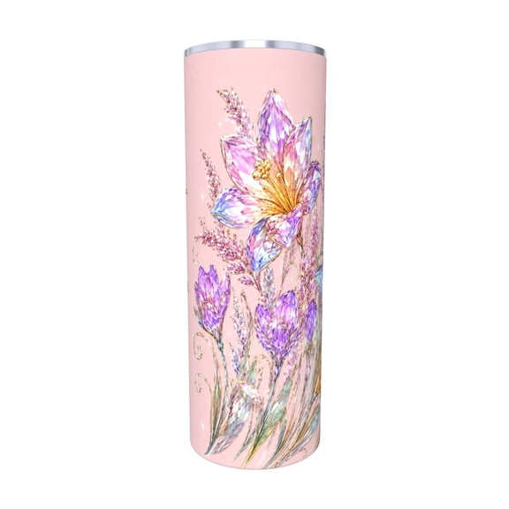 20oz Crystal Lily Floral Tumbler with Handle and Straw Pink Purple Travel Cup Insulated Car Cup Gift for Women with Straw