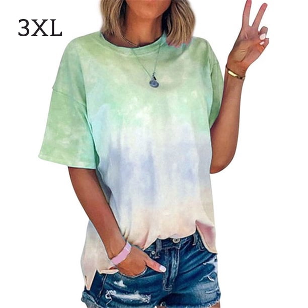 Camiseta de mujer Cuello redondo Manga corta Top Blusa estampada con efecto tie-dye, Verde, 3XL sidaley AP002435-01