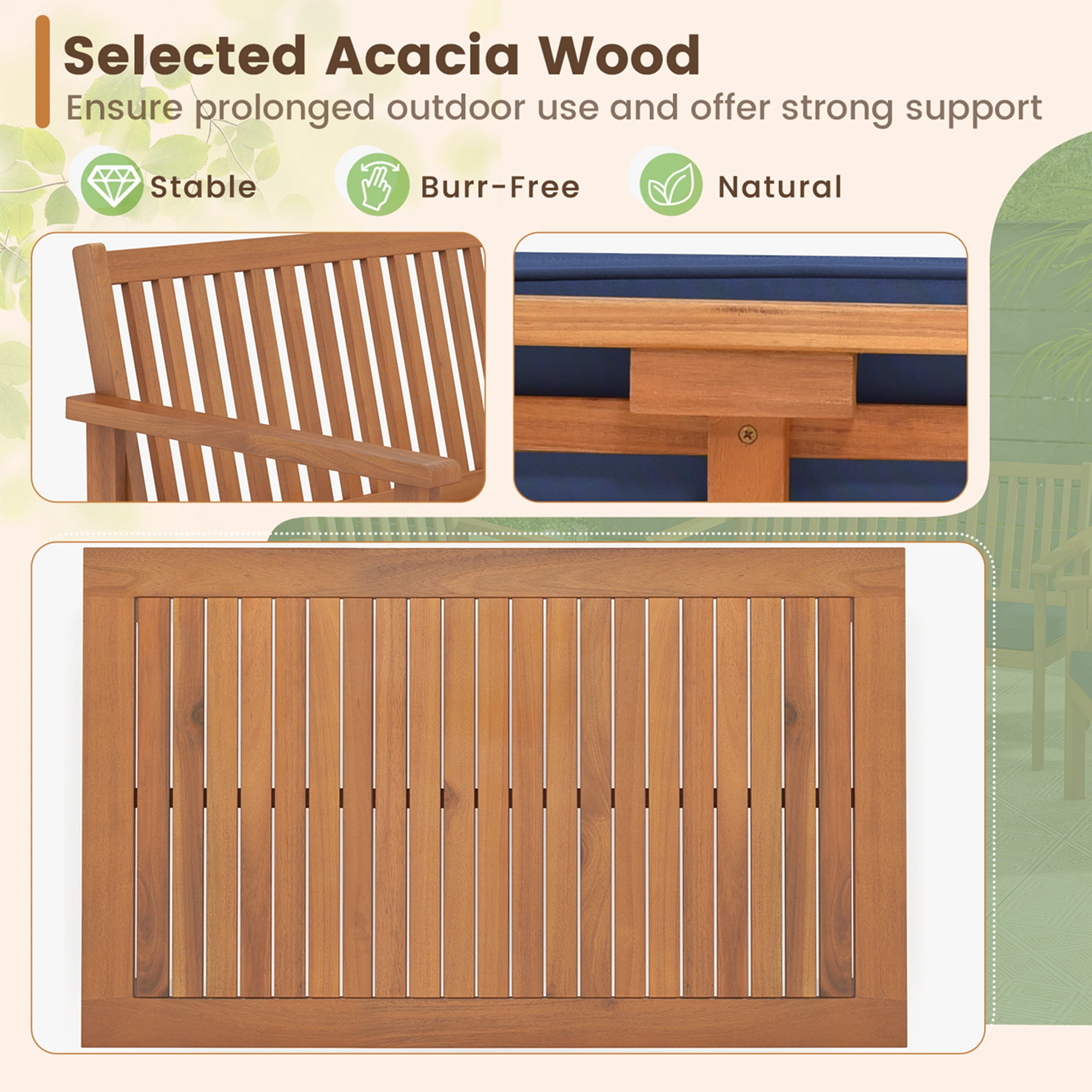 Costway 4 PCS Patio Wood Furniture Set with Loveseat, 2 Chairs & Coffee Table for Porch Navy