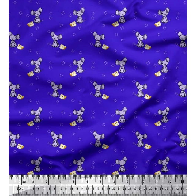 Soimoi Silk Fabric Footprint,Cheese & Rat Kids Printed Craft Fabric by The Yard 42 Inch Wide