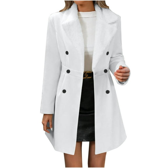 Wensltd Women Solid Color Plush Coat Long Sleeve Button Front Jacket Coat With Pocket White