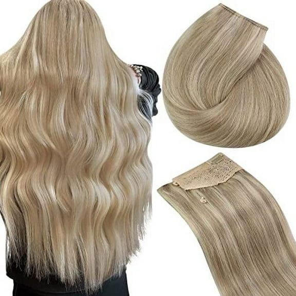 Sunny Fish Wire Hair Extensions Real Human Hair Blonde #16/22 Fish Line Remy Hair Extensions Dark Ash Blonde Highlights Medium Blonde Invisible Wire Hair Extensions 80g 16inch
