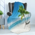 thumbnail image 4 of Landscape Soft Flannel Fleece Blanket, Caribbean Maldives Beach Island Sea Ocean Palm Trees Artwork Print, Cozy Plush for Indoor and Outdoor Use, 50" x 60", Sky Blue Green and White, by Ambesonne, 4 of 5