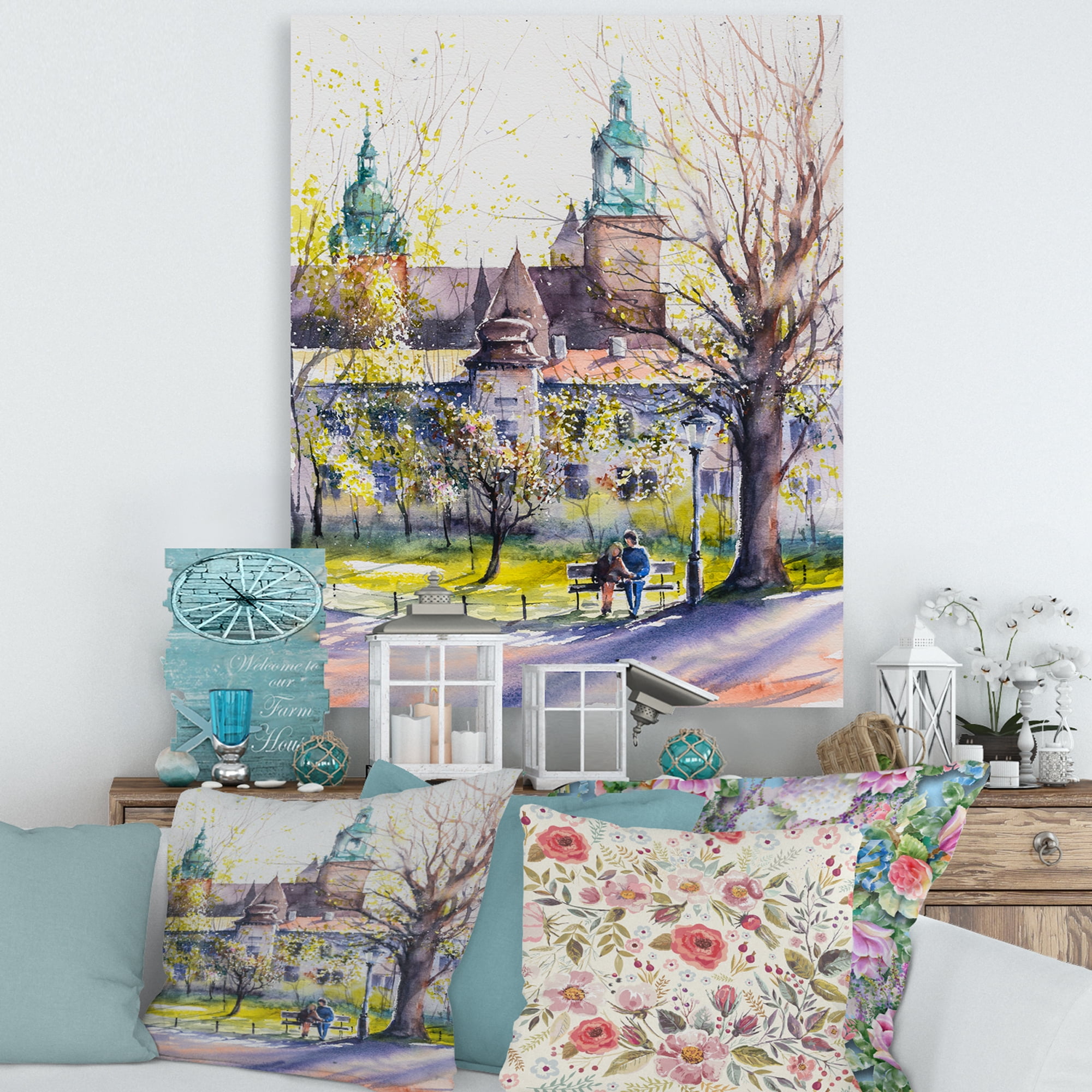 Castel Through The Trees of The Park With Couple Sitting on Bench 8 in x 12 in Painting Canvas Art Print, by Designart