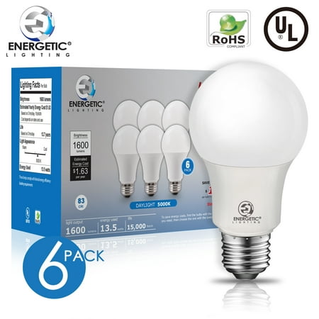 

ENERGETIC A19 LED Light Bulb Dimmable 13.5 Watts(100W Equivalent) 1600 Lumens Super Bright Daylight 5000K E26 Base UL Listed 6 Pack