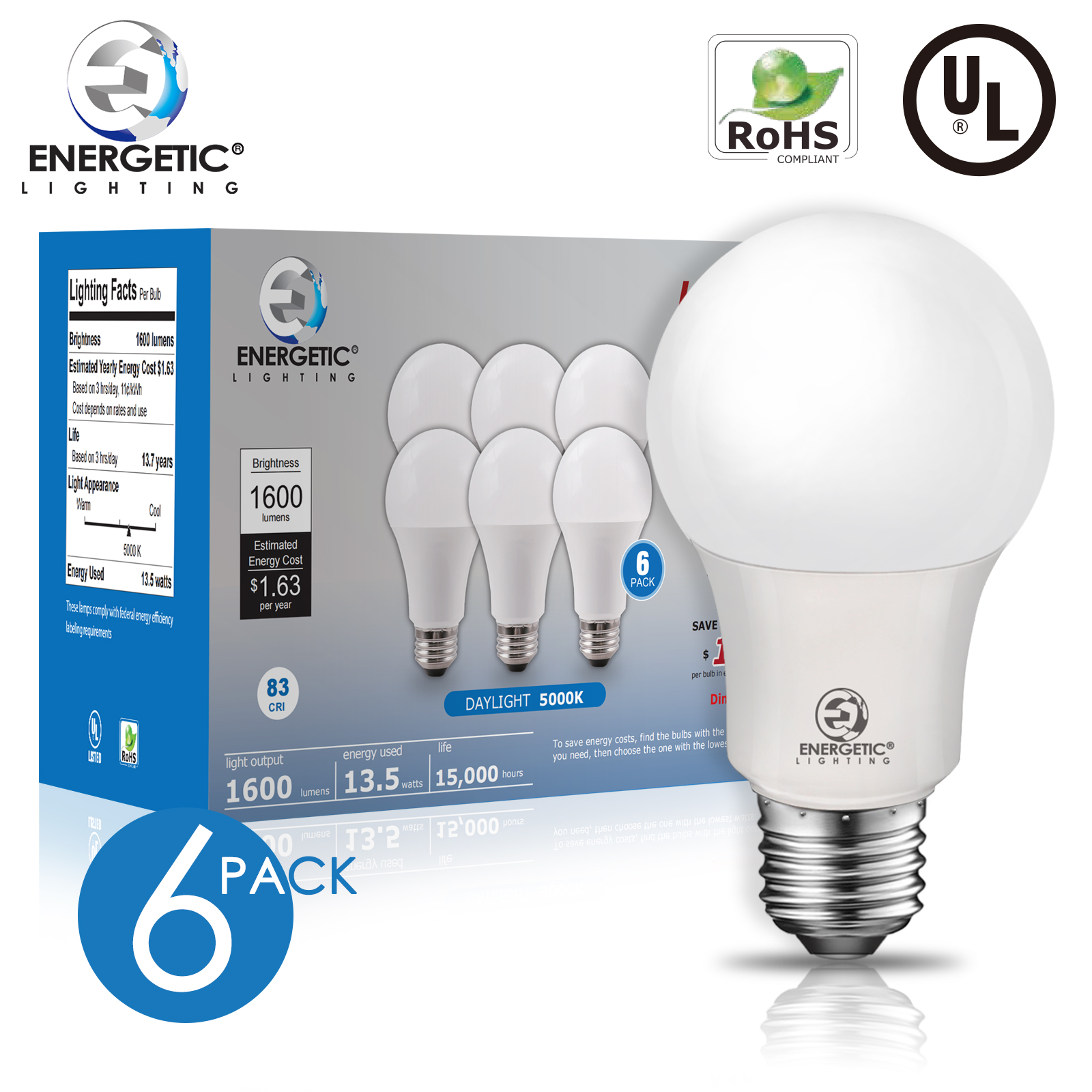 ENERGETIC A19 LED Light Bulb, 13.5 Watts(100W Equivalent), 1500 High  Lumens, Super Bright, Soft White 2700K, E26 Base, UL Listed, Pack 
