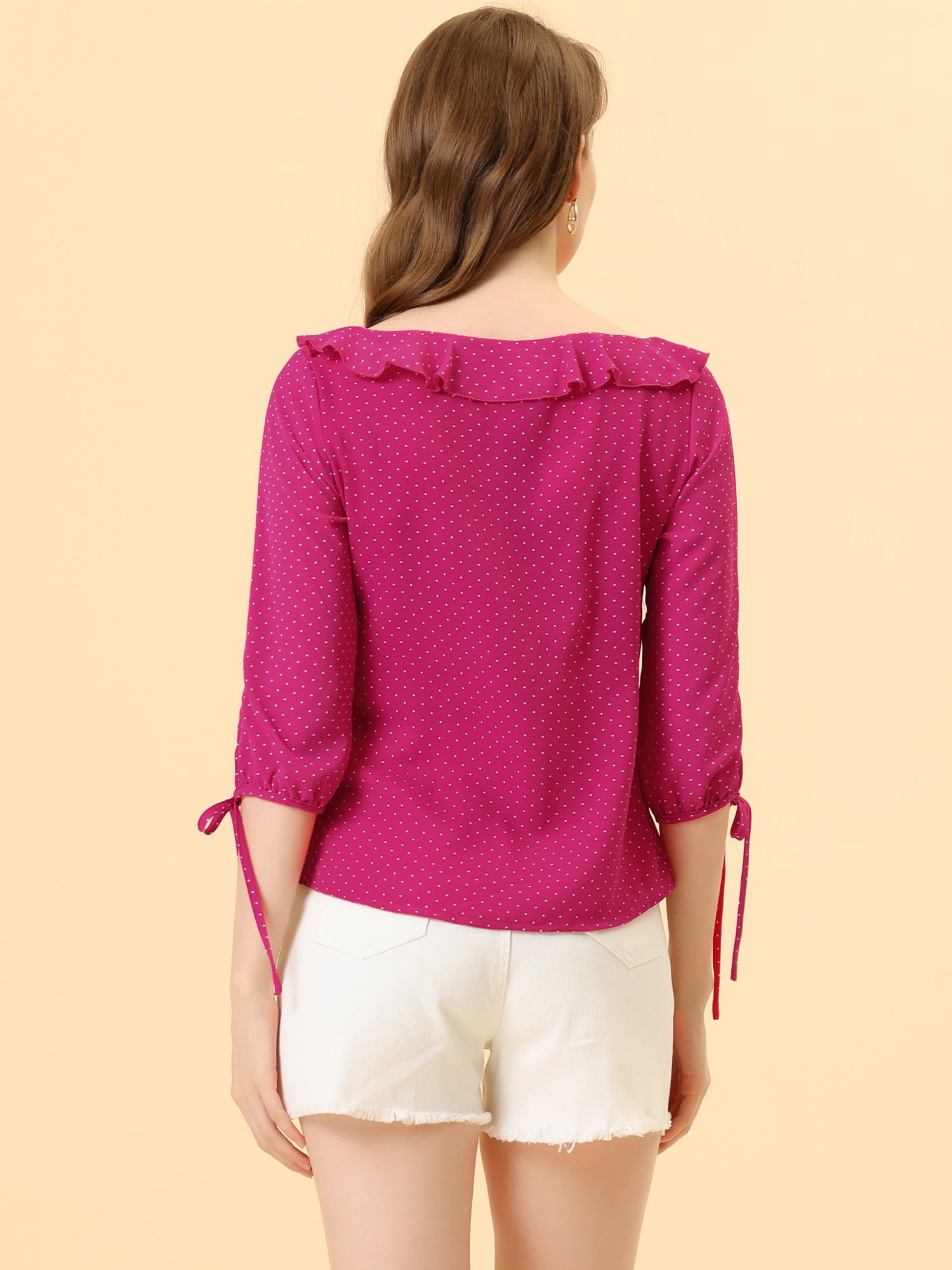 DARING DIVA Polka Dots Ruffled Neck 3/4 Sleeve Blouse Top M Hot Pink