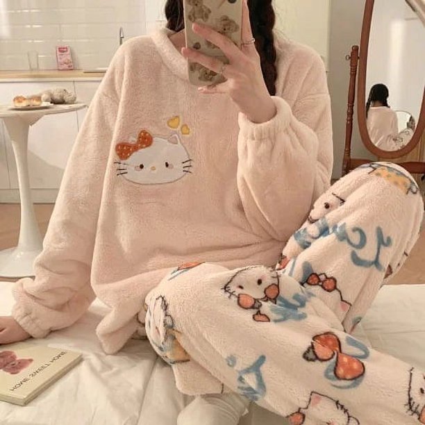 Anime Hellokittyed Otoño e Invierno pijamas de terciopelo Coral para mujer Kawaii Sanrio Cinnamoroll My Melody Kuromi ropa cálida para el hogar