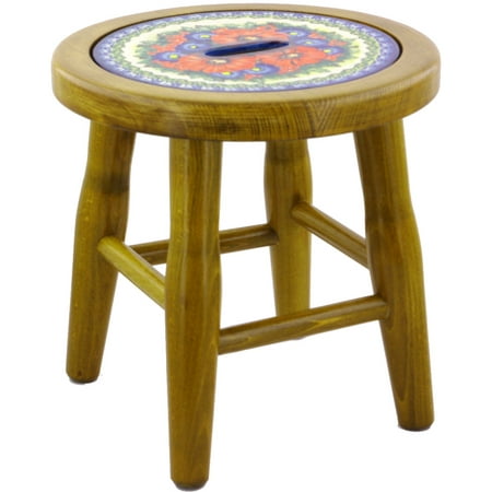 Pottery Barn Seagrass Stool Polish Pottery 12-inch Stool (Red Star Theme) Signature UNIKAT Hand Painted in Boleslawiec, Poland + Certificate of Authenticity ()