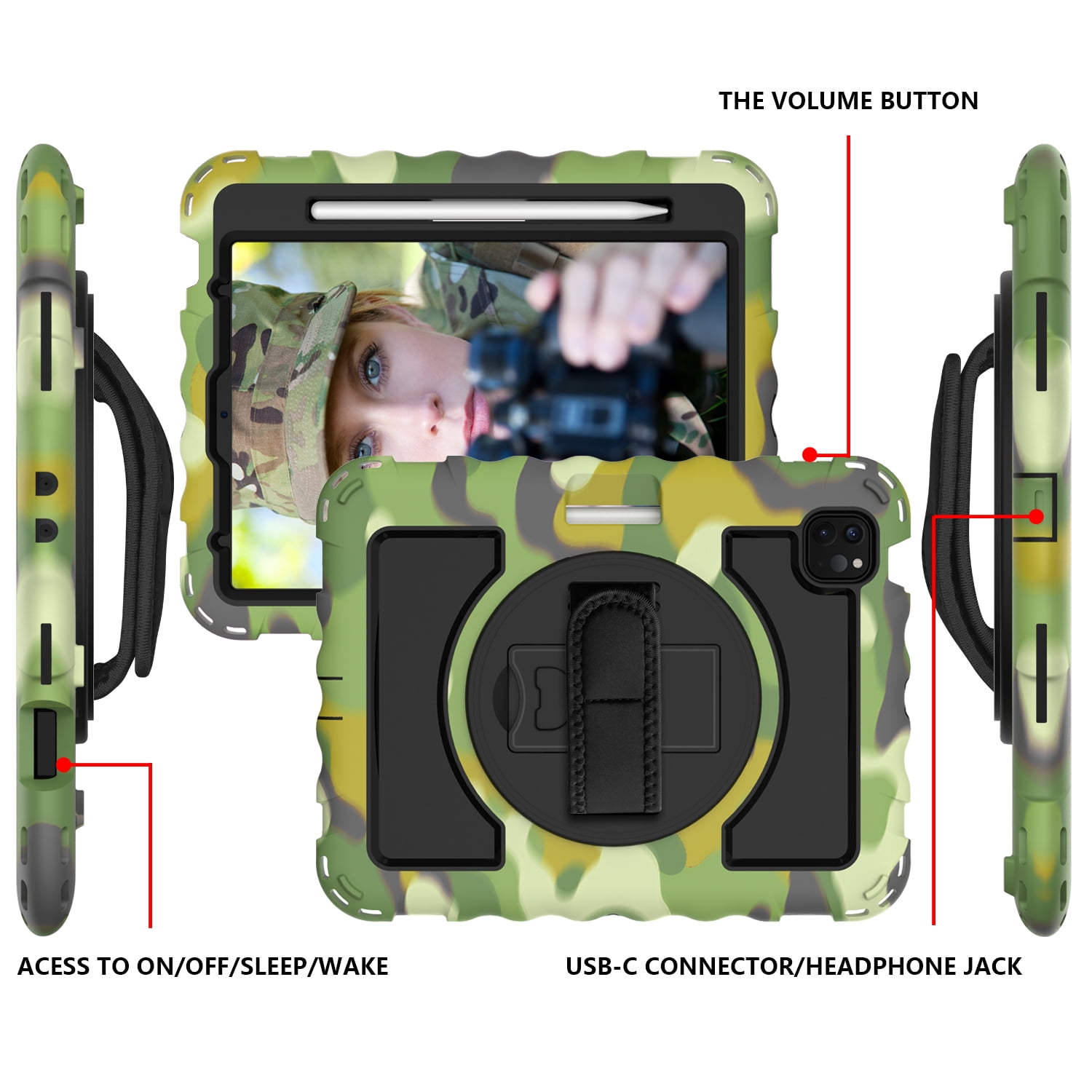 Allytech iPad Air 5 4 10.9 Case 2022/2020, Heavy Duty Shockproof Kids Case with Pencil Holder Hand Strap Kickstand Shoulder Strap for Apple iPad Air 5th 4th Generation 10.9 Inch -Camougflage