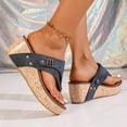 thumbnail image 4 of Rokment Womens Vintage Leather Platform Wedges Flip Flops Beach Vacation Casual Orthopedic Slip on Dress Sandals Chunky Heeled Thongs Slides for Woman Blue Size 6, 4 of 6