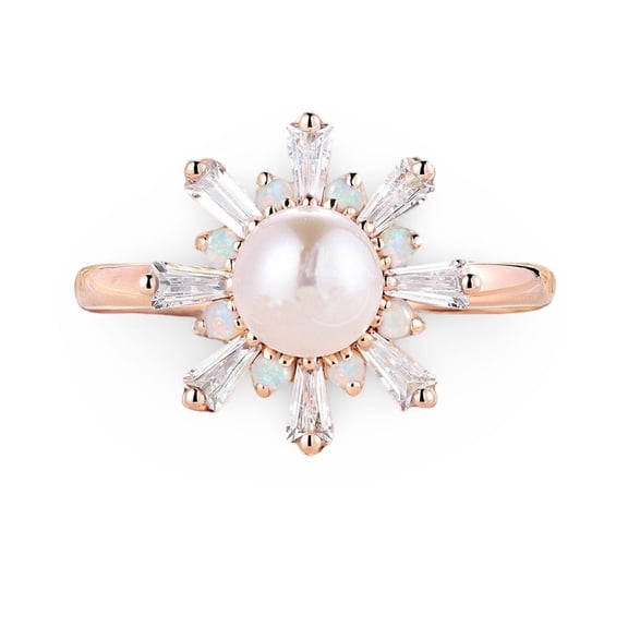 Sterling Silver Pearl & Baguette Cut Moissanite Ring For Women
