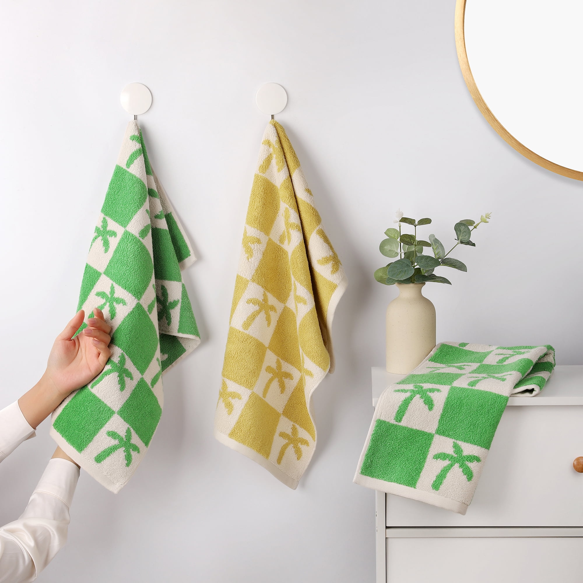 Unique Bargains Color Block Plaid Cotton Bathroom Hand Towels Green-Coconut Tree 2-Piece
