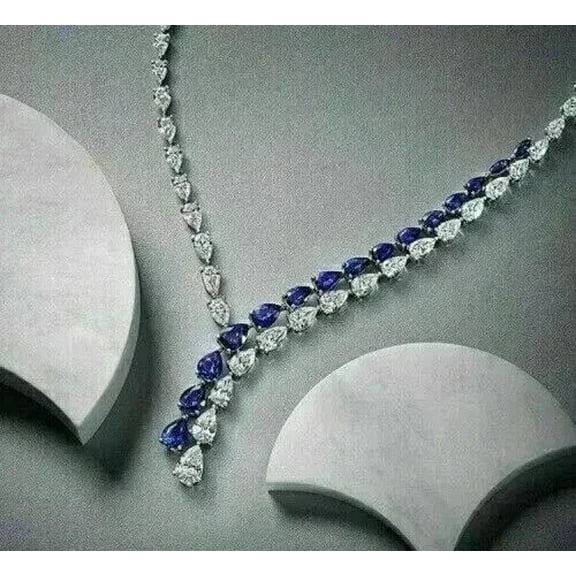 15Ct Pear Cut Lab Created Sapphire Women's Tennis Necklace 14k White Gold Finish