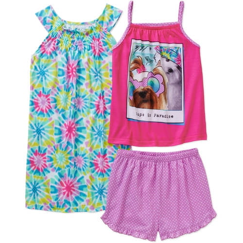 Komar Kids Girls 3 Piece Sleepwear Set Mermaid Short Set with Print Gown Sleepwear