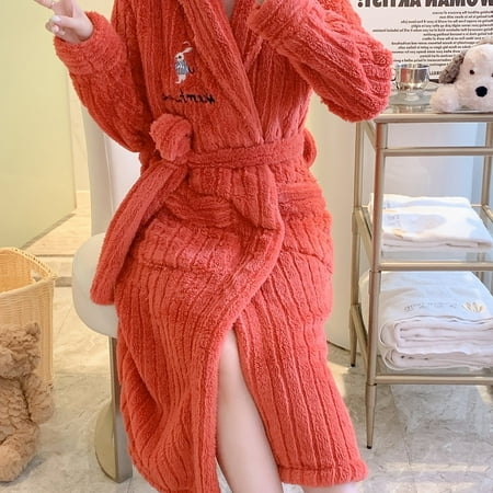 

Bunny Embroidery Plush Bathrobe Warm & Fuzzy Lapel Lounge Robe With Pockets & Belt Women‘s Sleepwear